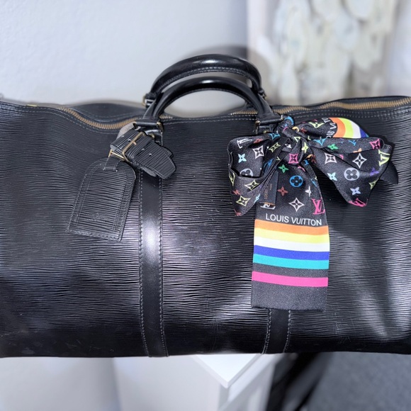 Louis Vuitton Black Leather Epi Keepall 55 with Multicolor silk scarf - Picture 1 of 16